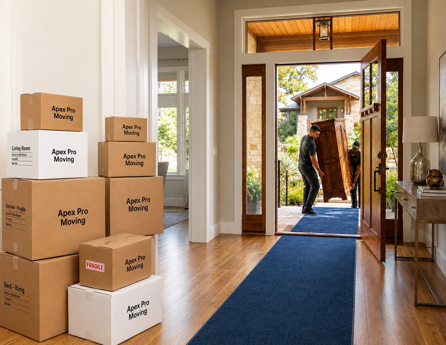 Apex Pro Moving crew moving furniture into a home